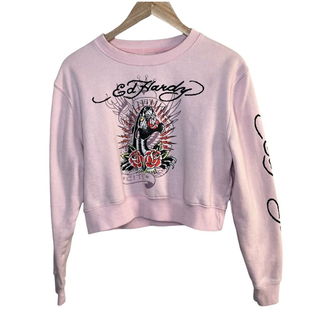 Ed Hardy Womens y2k Pink Panther Graphic Cropped Sweatshirt Medium